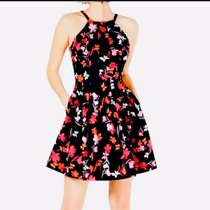 Vince Camuto Black and Pink Floral Mini Dress With Side Pockets